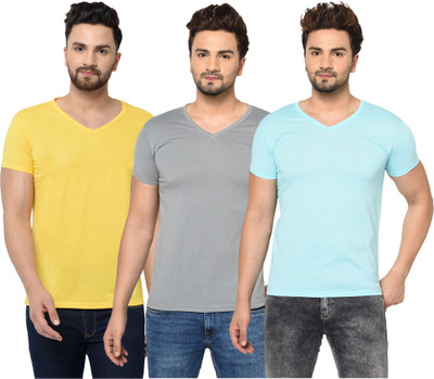 Jangoboy Solid Men V Neck Light Blue, Grey, Yellow T-Shirt