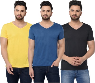 Tivy Solid Men V Neck Dark Blue, Brown, Yellow T-Shirt