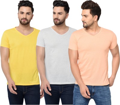 Jangoboy Solid Men V Neck Grey, Beige, Yellow T-Shirt