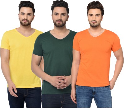 Jangoboy Solid Men V Neck Dark Green, Orange, Yellow T-Shirt