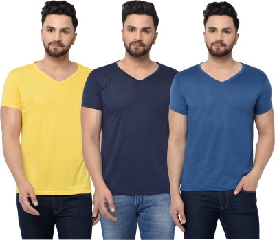 Tivy Solid Men V Neck Dark Blue, Blue, Yellow T-Shirt