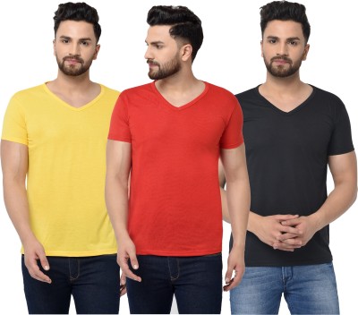 Bribzy Solid Men V Neck Red, Black, Yellow T-Shirt