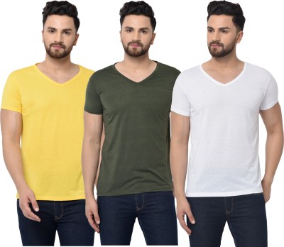 Jaskart Solid Men V Neck Green, White, Yellow T-Shirt