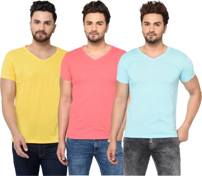Jaskart Solid Men V Neck Light Blue, Pink, Yellow T-Shirt