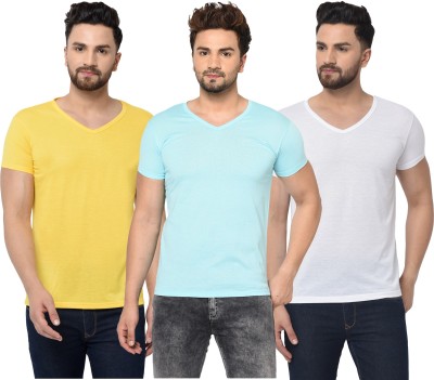 Bribzy Solid Men V Neck Light Blue, White, Yellow T-Shirt