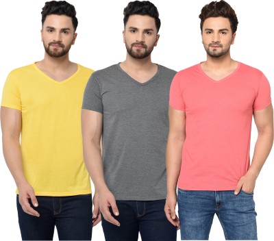 Bribzy Solid Men V Neck Pink, Grey, Yellow T-Shirt