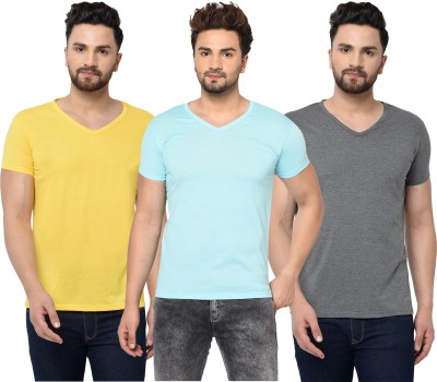 Tivy Solid Men V Neck Light Blue, Grey, Yellow T-Shirt