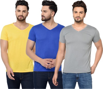 Jangoboy Solid Men V Neck Blue, Grey, Yellow T-Shirt