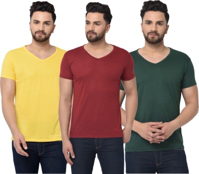 Jaskart Solid Men V Neck Dark Green, Maroon, Yellow T-Shirt