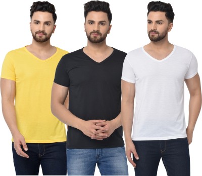 Bribzy Solid Men V Neck White, Black, Yellow T-Shirt