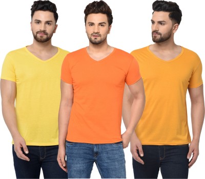 Tivy Solid Men V Neck Orange, Yellow T-Shirt