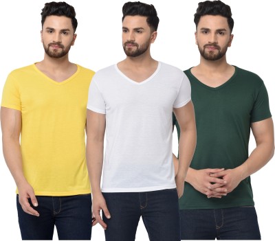 Bribzy Solid Men V Neck Dark Green, White, Yellow T-Shirt