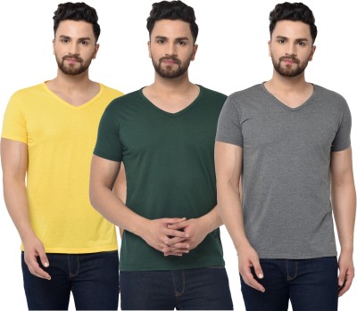 Jaskart Solid Men V Neck Dark Green, Grey, Yellow T-Shirt