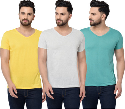 Jangoboy Solid Men V Neck White, Yellow, Light Green T-Shirt