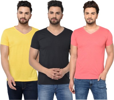 Jangoboy Solid Men V Neck Black, Pink, Yellow T-Shirt