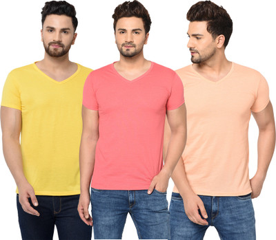 Adorbs Solid Men V Neck Pink, Beige, Yellow T-Shirt