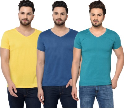 Adorbs Solid Men V Neck Dark Blue, Light Blue, Yellow T-Shirt