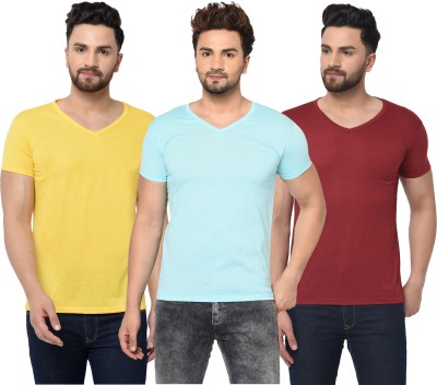 Jaskart Solid Men V Neck Light Blue, Maroon, Yellow T-Shirt