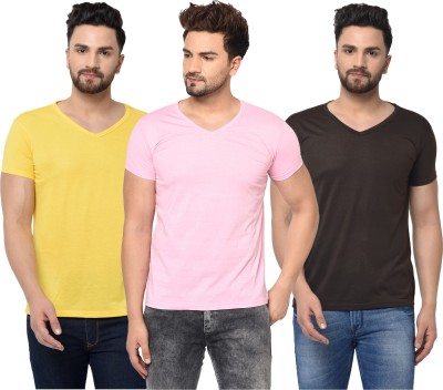 Jangoboy Solid Men V Neck Brown, Pink, Yellow T-Shirt