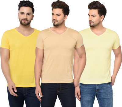 Jangoboy Solid Men V Neck Beige, Yellow T-Shirt
