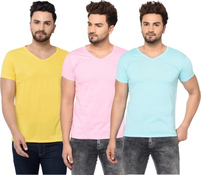 Adorbs Solid Men V Neck Light Blue, Pink, Yellow T-Shirt