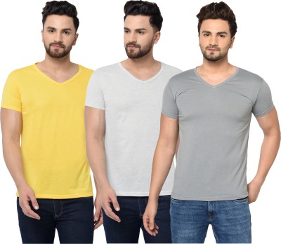 Adorbs Solid Men V Neck White, Grey, Yellow T-Shirt