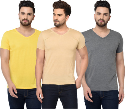 Jangoboy Solid Men V Neck Grey, Beige, Yellow T-Shirt