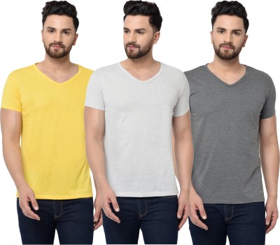 Jangoboy Solid Men V Neck Grey, Yellow T-Shirt