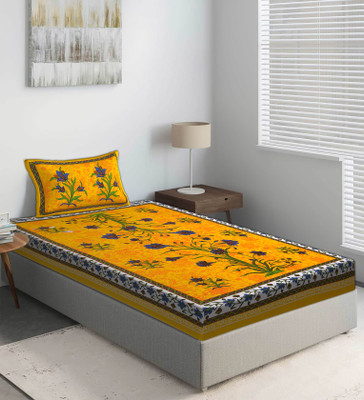 E ELMA 144 TC Cotton Single Jaipuri Prints Flat Bedsheet(Pack of 1, Yellow)
