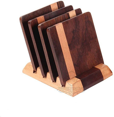Creation India Craft Square Reversible Wood Coaster Set(Pack of 4)