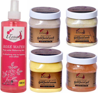 I TOUCH HERBAL GOLD SCRUB,CREAM,PACK,GEL AND ROSE WATER 500 ML X 5(5 Items in the set)