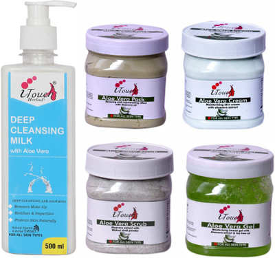 I TOUCH HERBAL ALOEVERA SCRUB,CREAM,PACK,GEL AND DEEP CLEANSING MILK 500 ML X 5(5 Items in the set)
