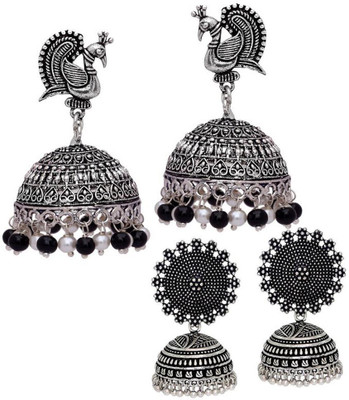 V L IMPEX Round Shape Love Peacock Oxidised Silver Plated Combo Earring (VLCB21BW) Brass Jhumki Earring