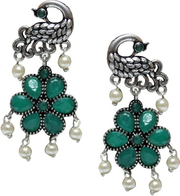 Dishacollection Traditional Unique Oxidised German Silver Green Stone Peacock Pearl Drop Earrings for Women and Girls German Silver Drops & Danglers