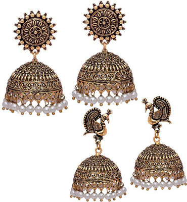 V L IMPEX Sun Shape Love Peacock Oxidised Gold Plated Combo Earring (VLCB22PRL) Brass Jhumki Earring