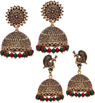 V L IMPEX Sun Shape Love Peacock Oxidised Gold Plated Combo Earring (VLCB22MG) Brass Jhumki Earring