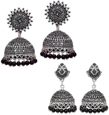 V L IMPEX Sun Shape Love Theme Peacock Oxidised Silver Combo Earring (VLCB19BLK) Brass Jhumki Earring