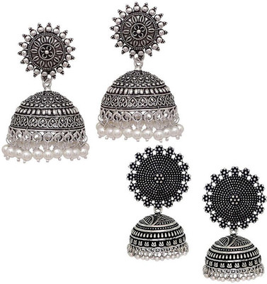 V L IMPEX Sun Shape Round Oxidised Silver Combo Earring (VLCB17PRL) Brass Jhumki Earring