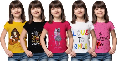 Kuchipoo Girls Printed Cotton Blend T Shirt(Multicolor, Pack of 5)