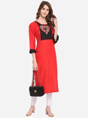 Youthnic Women Embroidered Straight Kurta(Red, Black)