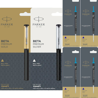PARKER Beta Premium Gold/Silver (Combo of 2 pen & 4 refills) Ball Pen(Pack of 6, Ink Color - Blue)