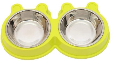 Jainsons Pet Products Stainless Steel Double Food and Water Bowl Pet Feeder Dish for Cat Puppy Dog Round Plastic, Stainless Steel Pet Bowl(300 ml Yellow)
