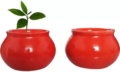 SBC RED SMALL MATKI SHAPE CERAMIC POT (PACK OF 2) Plant Container Set(Pack of 2, Ceramic)