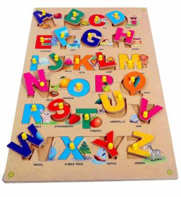 Toyvala Wooden Puzzle Board for Kids - Alphabet (A to Z) Uppercase Letter with Relevant Images - Learning & Educational Gift for Kids(26 Pieces)