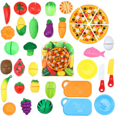 ALLAMWAR Play Cutting Food for Kids Kitchen Toys Fun Cutting Fruits Vegetables with Pizza Play Food Set Pretend Cutting Food Playset with Carry Bag for Children Girls Boy
