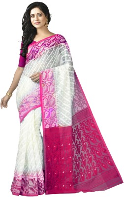 crochetin Woven Jamdani Cotton Blend Saree(White, Pink)