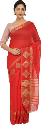 Leeza Store Striped Maheshwari Cotton Silk Saree(Red)