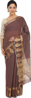 Leeza Store Striped Bollywood Cotton Silk Saree(Brown)