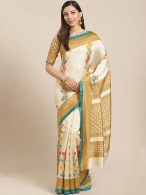 Ratnavati Printed, Geometric Print, Floral Print Bhagalpuri Silk Blend Saree(Cream)