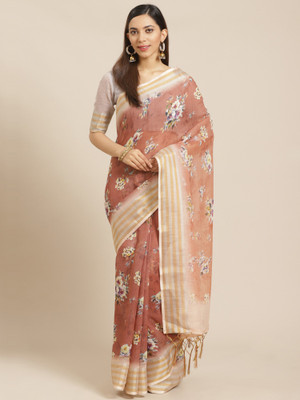 Ratnavati Floral Print Bollywood Linen Saree(Brown)
